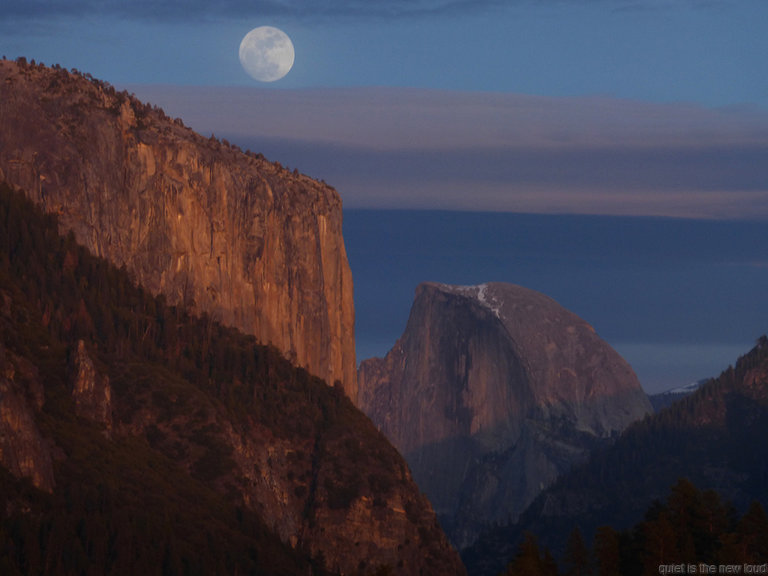 El Capitan, Half Dome at sunset, moon