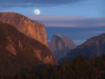 El Capitan, Half Dome at sunset, moon