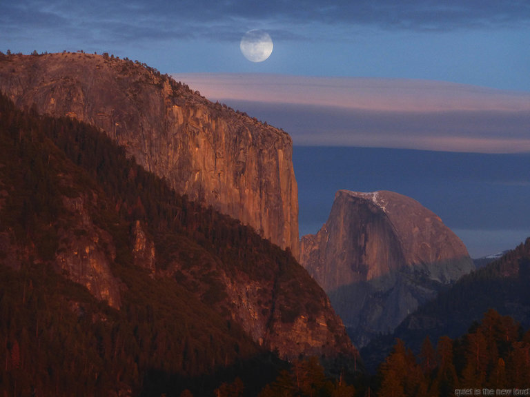 El Capitan, Half Dome at sunset, moon