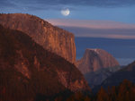 El Capitan, Half Dome at sunset, moon