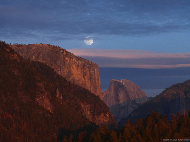 El Capitan, Half Dome at sunset, moon